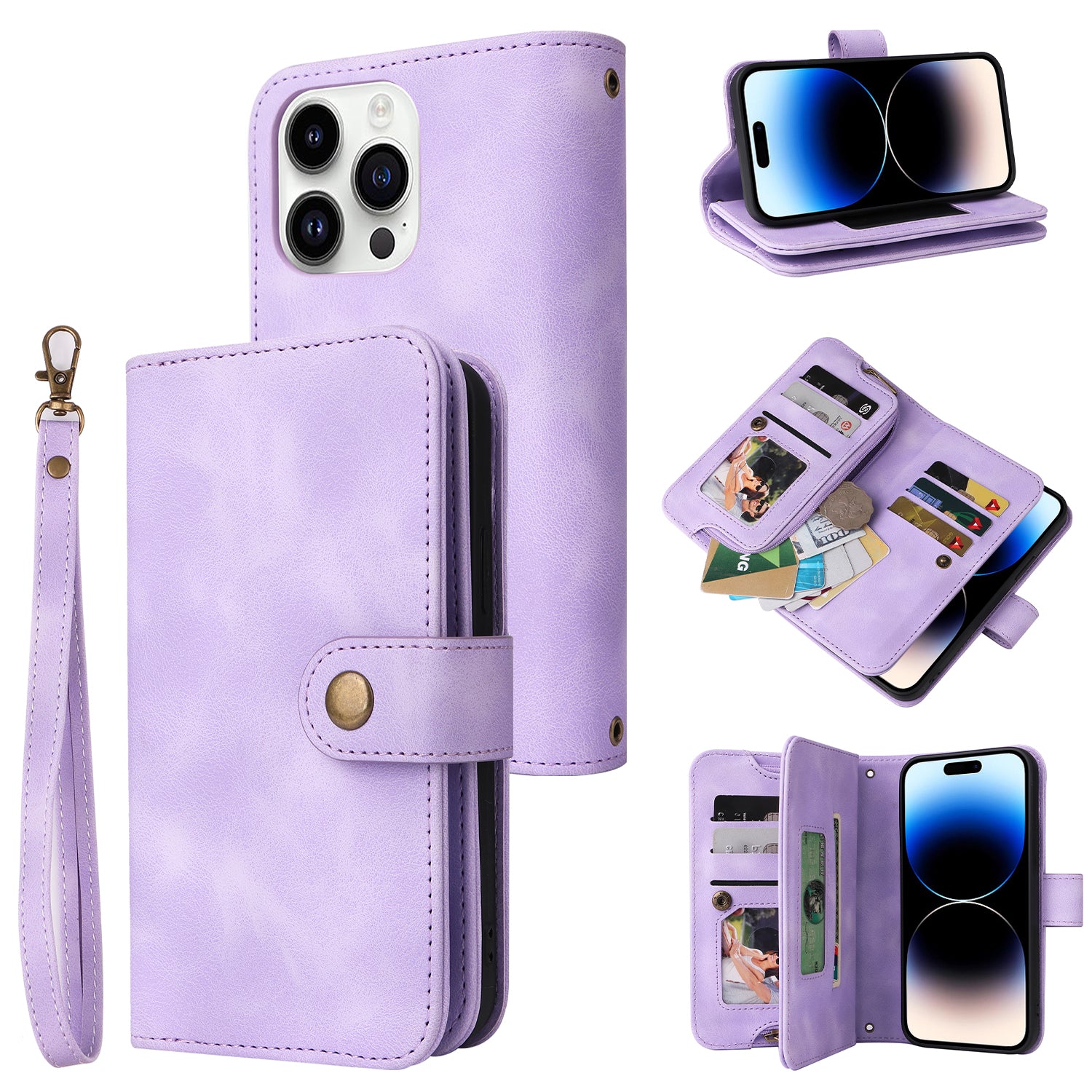 Phone Leather Case for iPhone 13 Pro Multifunctional Zipper Pocket Stand Wallet Phone Cover with Straps Phone Leather Case for iPhone 13 Pro Multifunctional Zipper Pocket Stand Wallet Phone Cover with Straps
